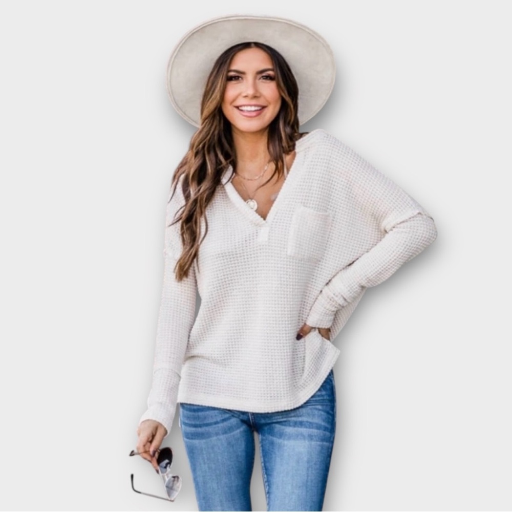Pink Lily Waffle Knit Long Sleeve Oatmeal V-neck Top - Picture 2 of 8